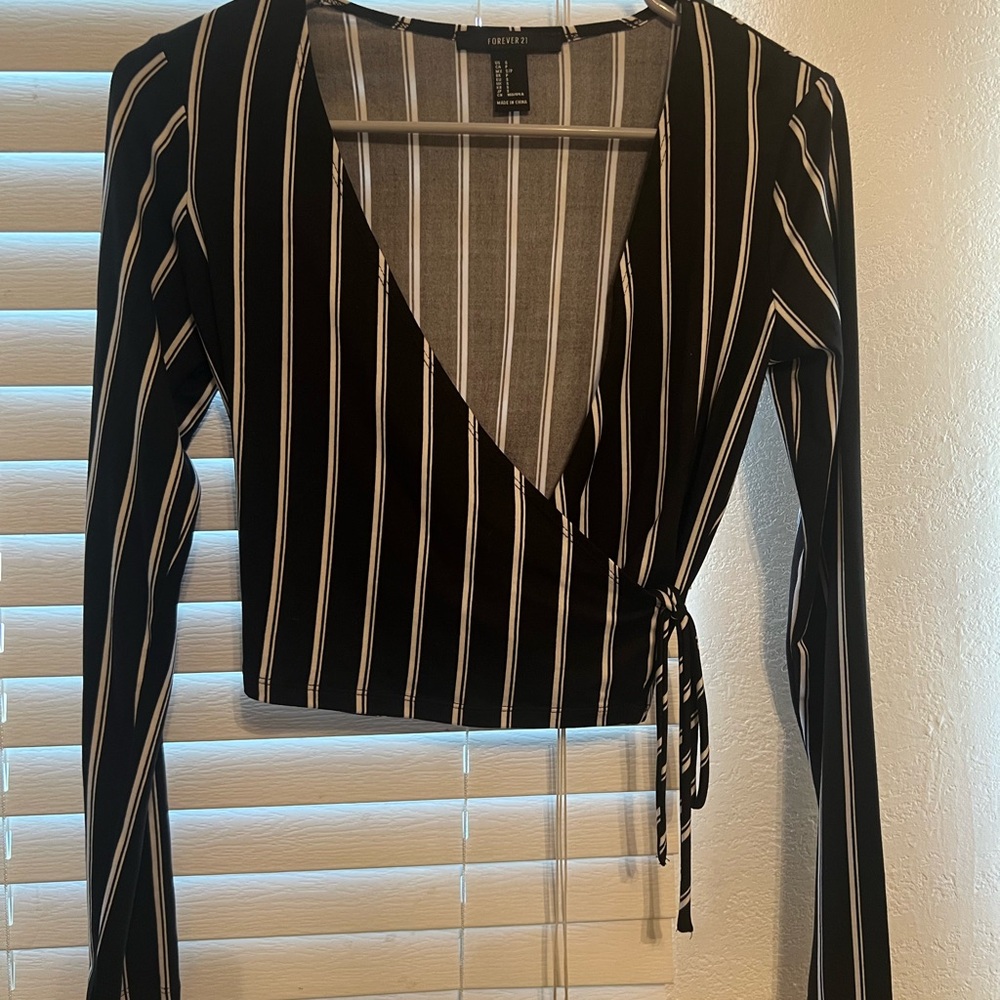 Forever 21 Black and White Striped Wrap Blouse